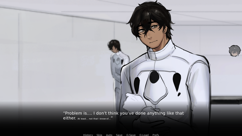 The Boy - dark messy hair, soft smile, wearing a white school uniform with a black circular emblem