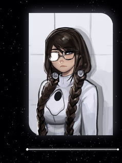 The Girl with Glasses - brown hair in two long braids, round glasses, calm expression, wearing a white school uniform